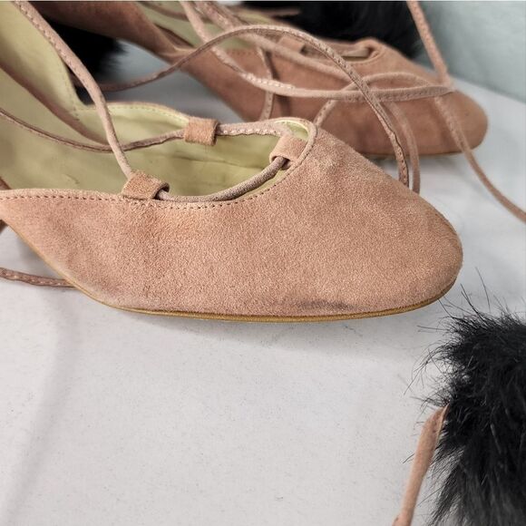 Zara Basic Collection Suede Pom Pom Fur Tie Lace Up Heels Blush 35 5 - Picture 7 of 7